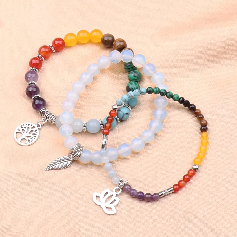UEUC Natural Gemstone Chakra Bracelets for Women, Multilayer Tree of Life Lotus Crystal Healing Stone Bracelet Sets, Yoga Meditation Reiki Relax Bracelets for Stress Relief(#120)