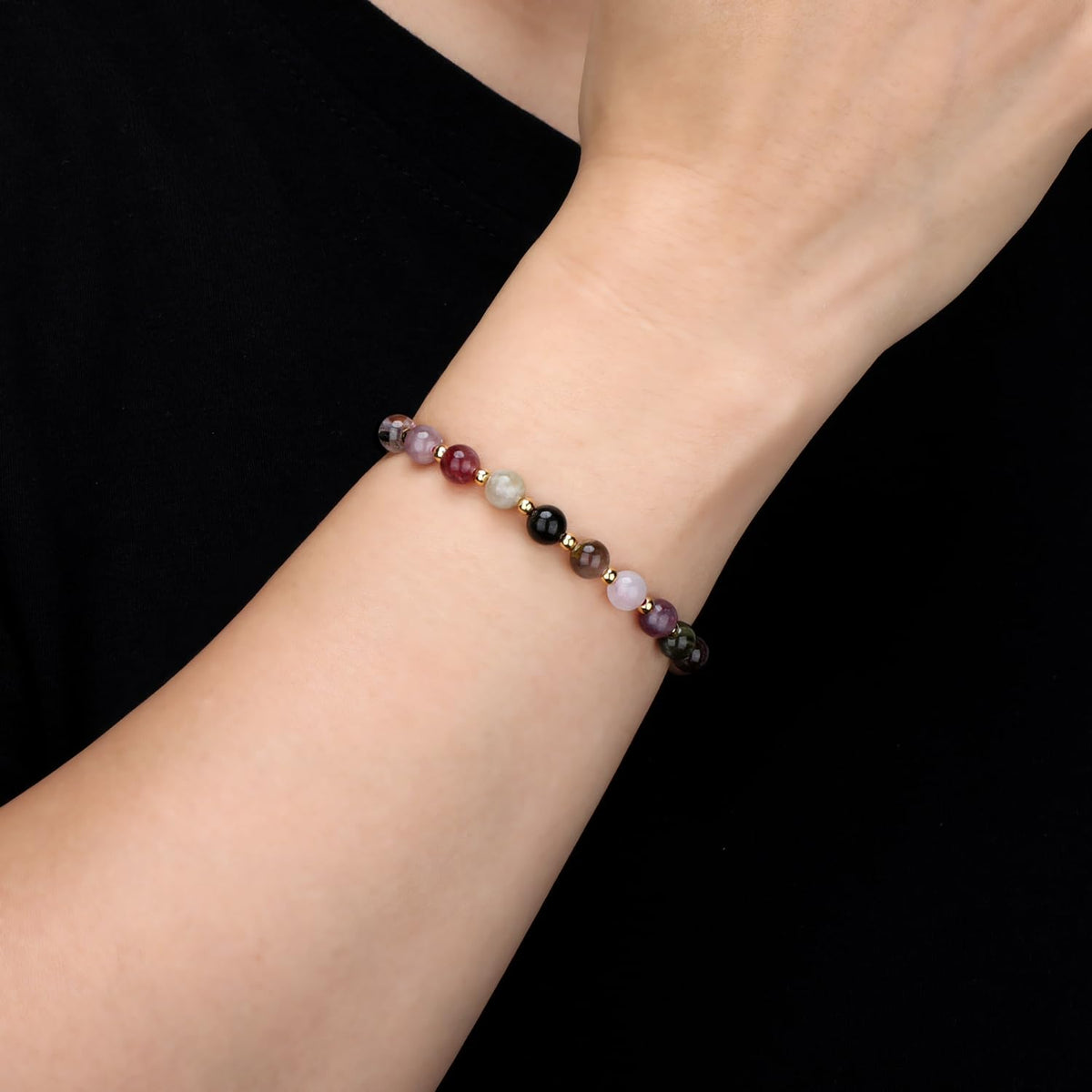 QOGIR Multicolor Tourmaline - Stone of Inner Balance - 14K Gold Plated Beads Natural Gemstone Stretch Elastic Dainty Healing Beaded Bracelets Gifts 6mm