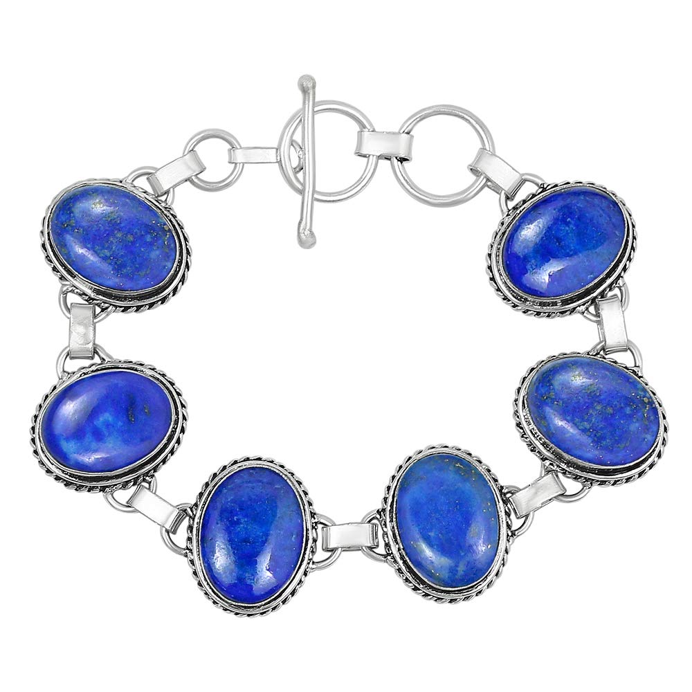 Natural Lapis Lazuli Silver Plated Handmade Link Bracelet for Women - September Birthstone Oval Gemstone Adjustable Bracelet Vintage Style Bohemian Jewelry - Mother's Day Gifts for Her