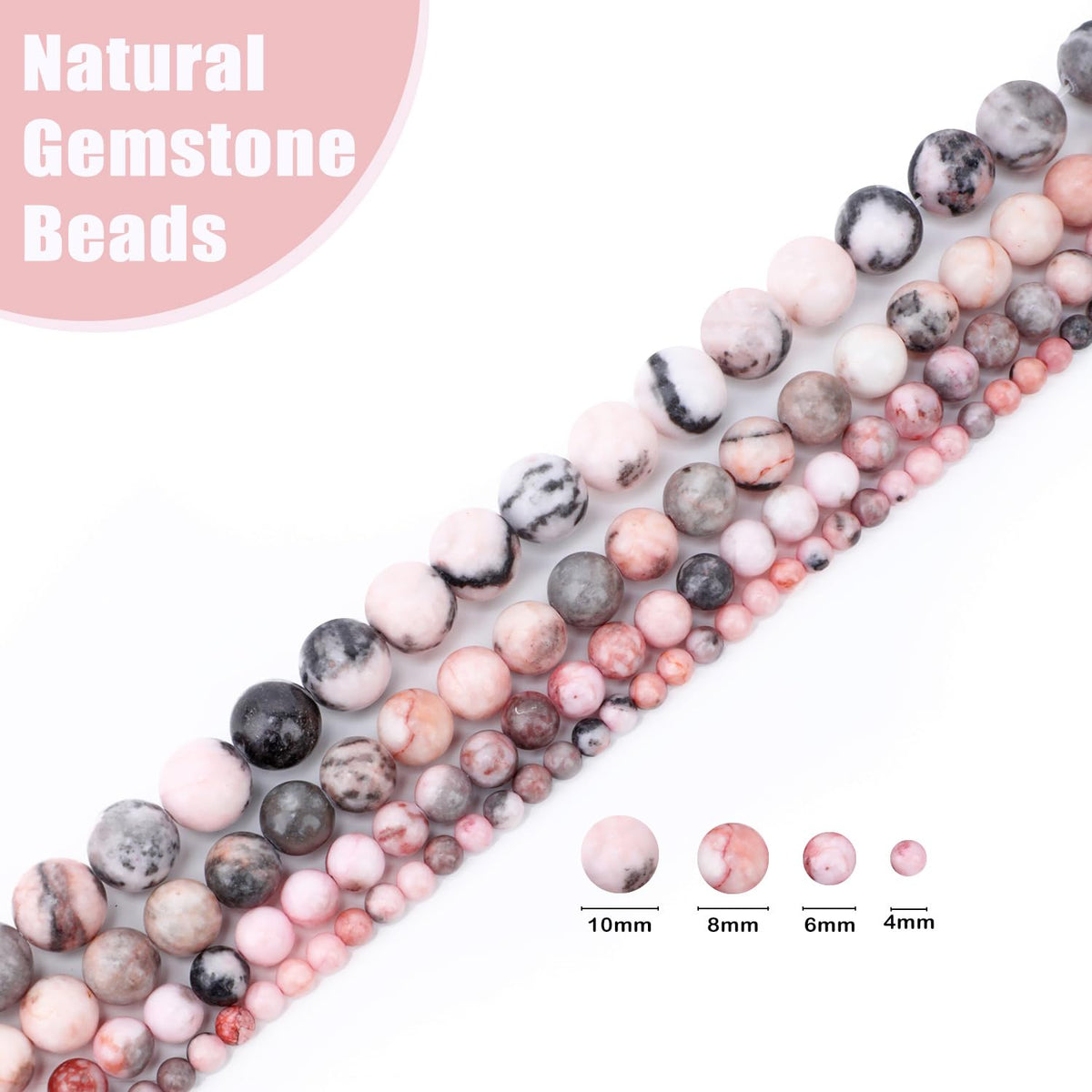 CMBYN Natural Stone Beads Round Genuine Real Stone Beading Strand Loose Gemstones DIY Smooth Bead for Bracelet Necklace Earrings Jewelry Making (Pink Zebra, 6mm 60 Pieces)