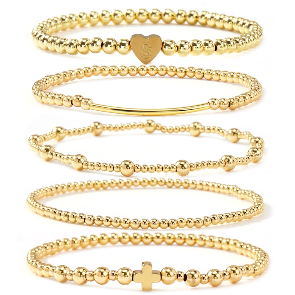 14K Gold Cross Beaded Initial Bracelet Stack for Women,Dainty Stretch Gold Plated Letter “S” Stackable Bracelets Bohemian Layered Prom Party Accessories Jewelry Gift Friendship