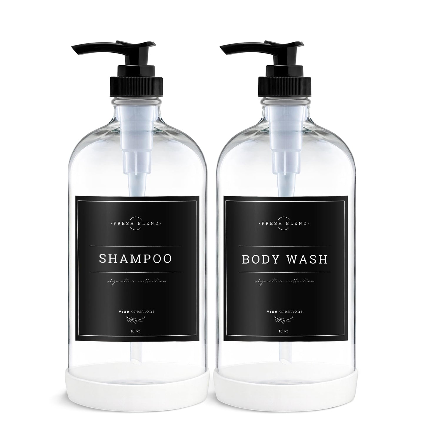 Vine Creations Clear Glass Soap Dispenser, 2 Pack Kitchen Soap Dispenser Set with Rustproof Pump, 16 oz Dish Soap and Hand Soap Dispensers for Bathroom with Waterproof Labels
