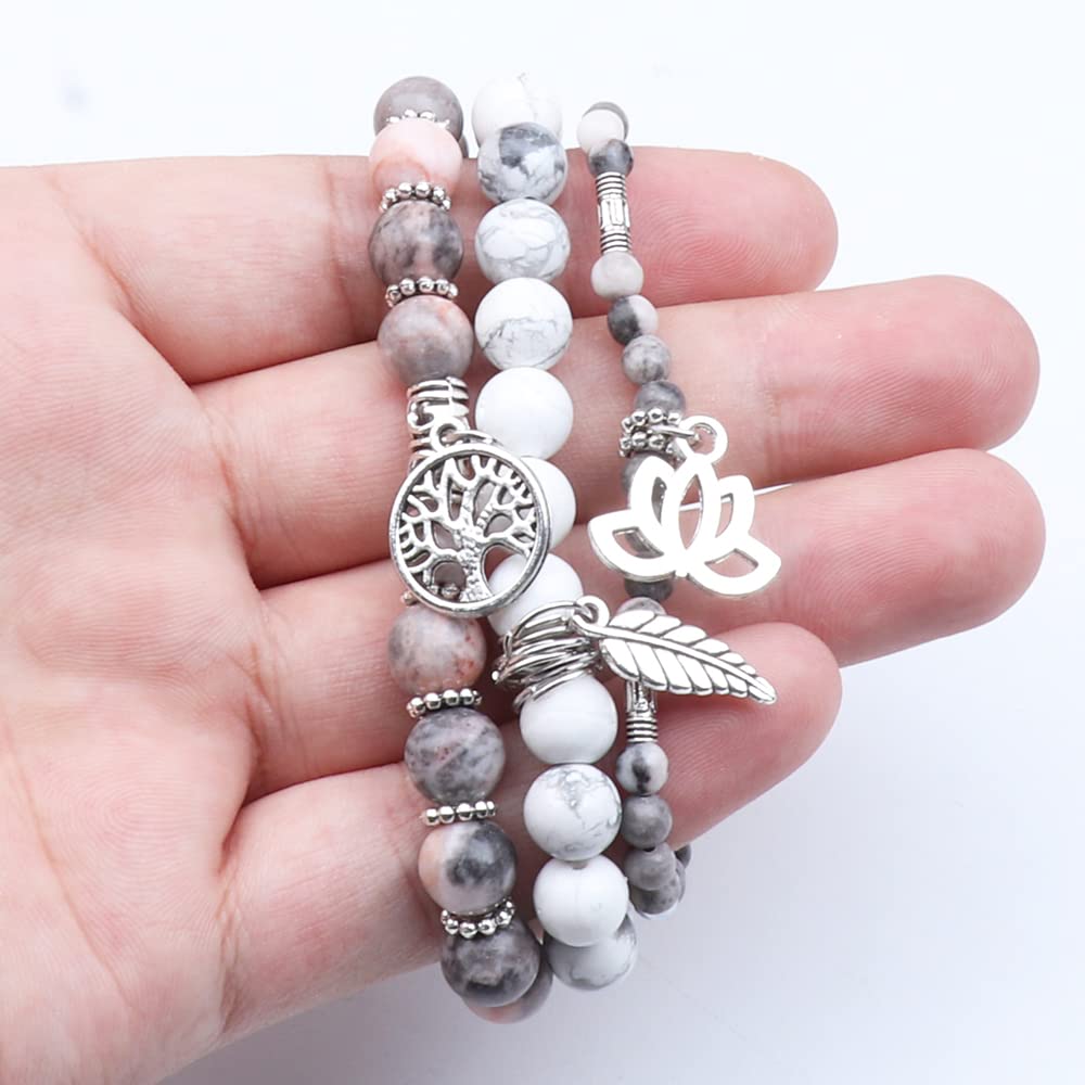 UEUC Tree of Life Yoga Healing Bracelets, Multilayer Lotus Chakra Reiki Bracelet Sets, Anxiety Crystal Natural Stone, for Women Stress Relief (Pink Leopard + White Turquoise)
