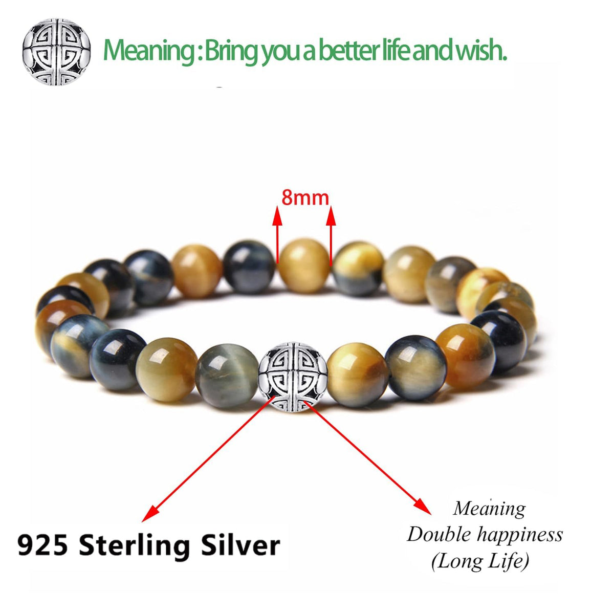 MetJakt Healing Crystals Beaded Bracelets for Womens Natural Gemstone 8mm Beads Stretch Bracelets with 925 Sterling Silver Double Happiness Pendant (Fantastic Tiger Eye Stone)