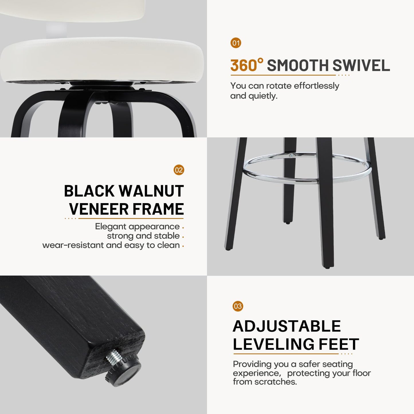 WOOW DEPOT Swivel Counter Height Bar Stools Set of 3, 29" Upholstered Faux Leather Barstools with Back, Mid Century Modern Counter Stools with Black Walnut Wood Legs for Kitchen Island, White