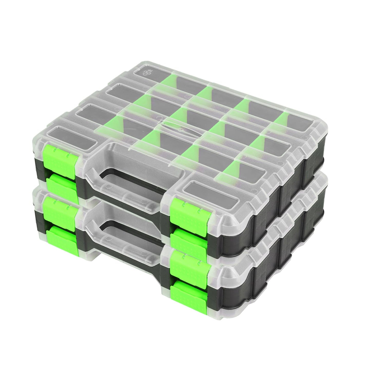 Tool Box with Transparent Lid, Double Side 34-Compartments Organizer Box with Removable Dividers for Hardware, Screws, Bolts, Nails, Beads, Jewelry and Fishing Accessories, Green, 2 Packs