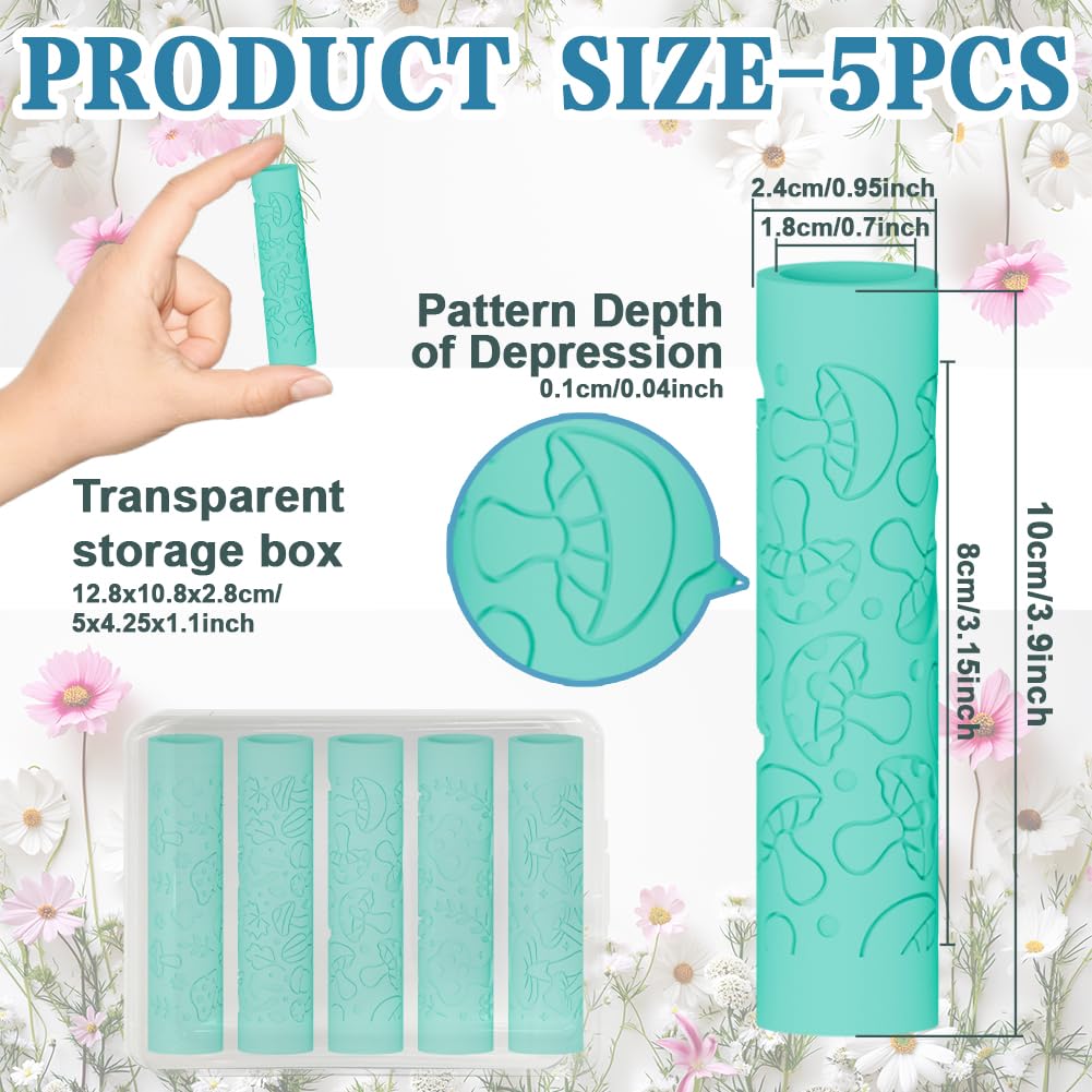 ACRNIGHEET 5 Pcs Polymer Clay Texture Roller, Mushroom Themed Embossing Rollers Pottery Stamp, Like Texture Sheets Work with Polymer Clay Cutters, Clays Jewelry Making Kit with Storage Box