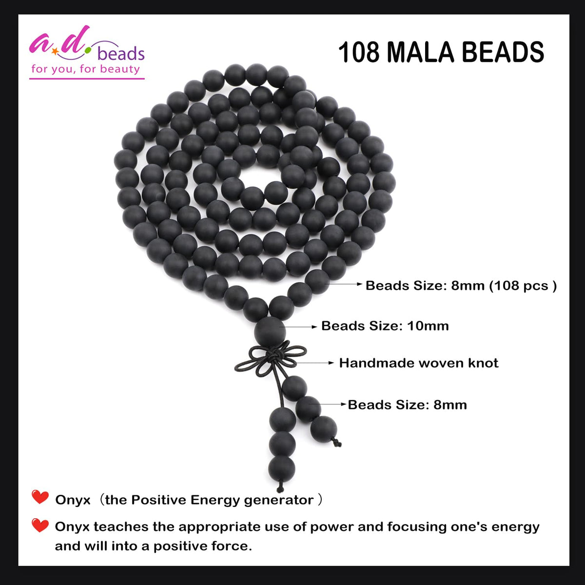 AD Beads 8mm 108 Prayer Mala Matte Onyx Elastic Bracelet - Peace and Tranquility - Handmade Yoga Meditation Healing Power Energy Gifts for Unisex Adult.