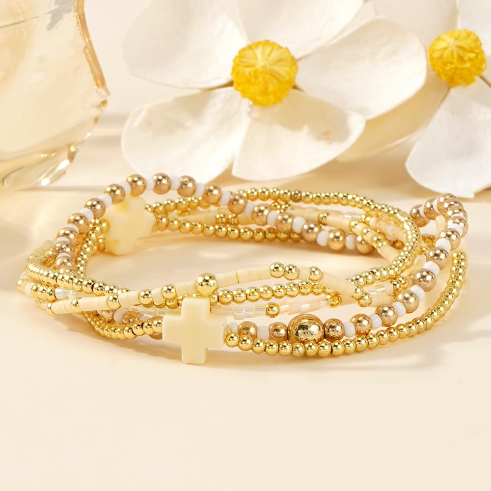 Bohxantium Gold Beaded Cross Bracelets for Women Dainty 14K Gold Plated Beads Ball Yellow Stretch Stackable Non Tarnish Bracelet Stack Boho Christian Jewelry Accessories Birthday Prom Friendship Gift