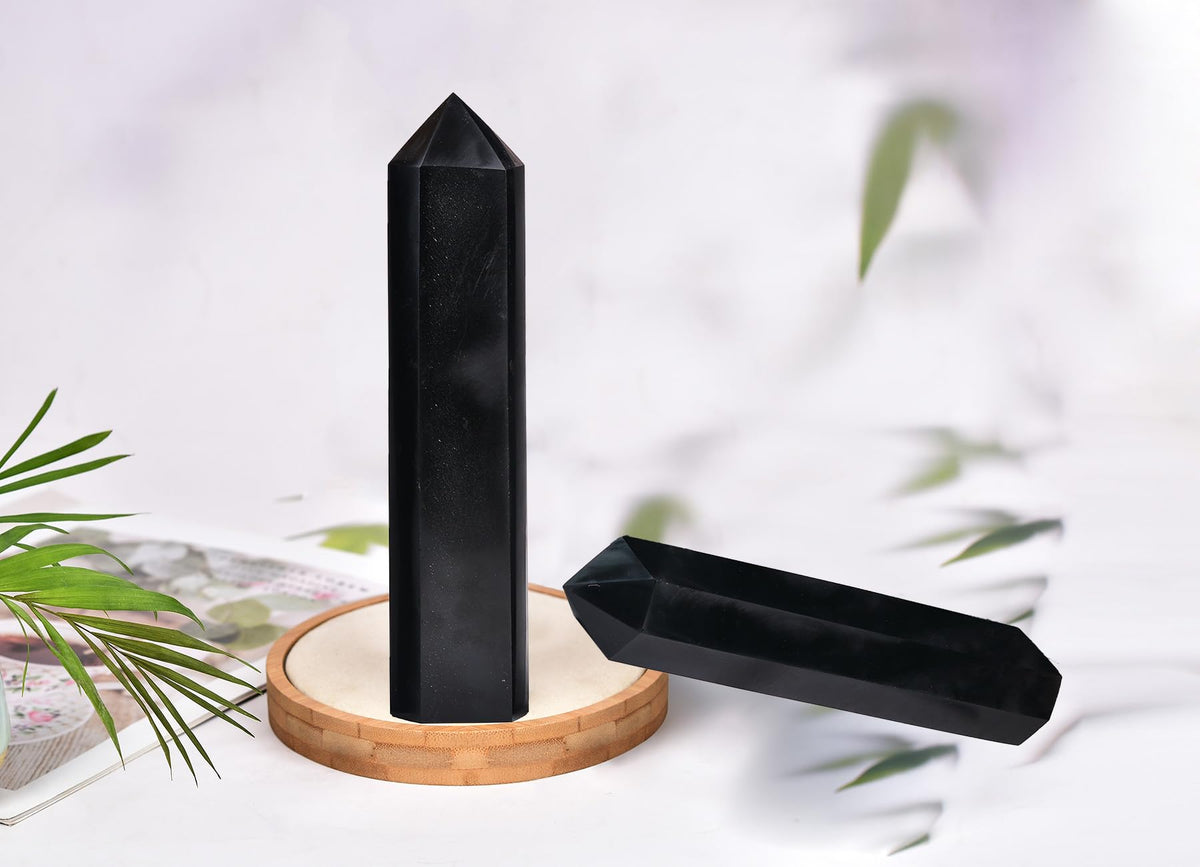 AMOYSTONE 1PC Large Obsidian Tower Stone Wand Healing Crystal Hexagonal Natural Rock Crystal Wand 6 Points Rock Tower for Home Decor 2-2.5 Lbs