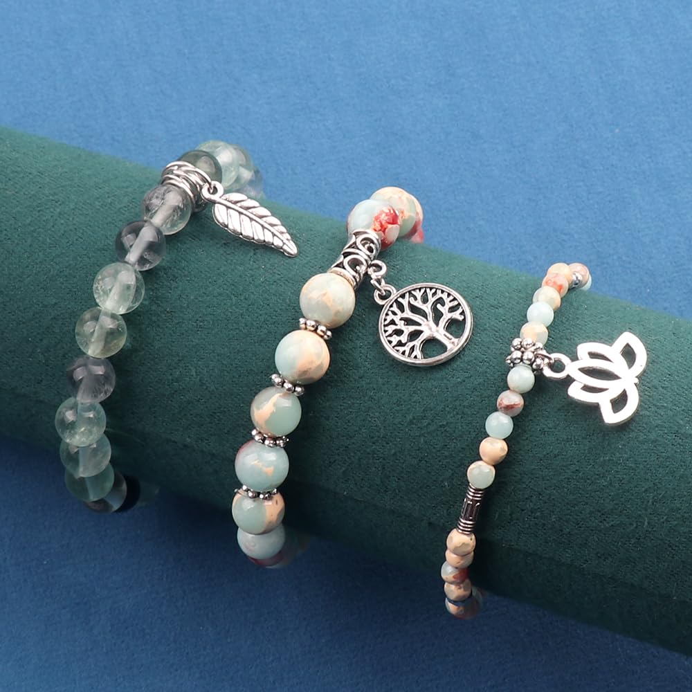 UEUC Tree of Life Yoga Healing Stone Bracelets,Multilayer Lotus Chakra Stone Reiki Bracelet Sets,Anxiety Crystal Natural Stone,for Women Stress Relief(#155)