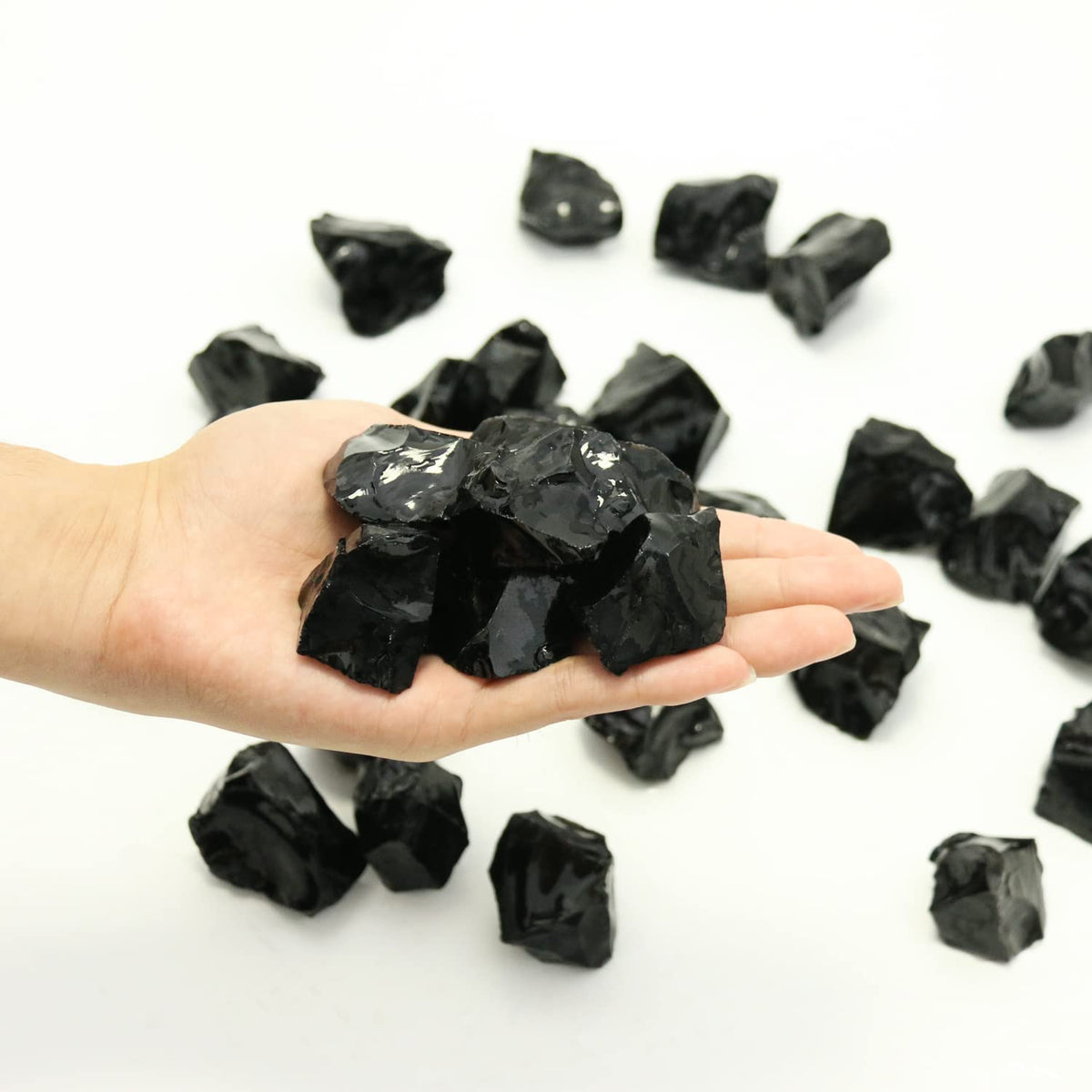 Black Obsidian Stones Crystal Bulk, Raw White Quartz Crystal Stones for Wicca, Reiki, and Energy Healing Crystals, Witchcraft Supplies, Rocks for Tumbling, Calcite Crystal, Hypnotic Gems(1 Lb)