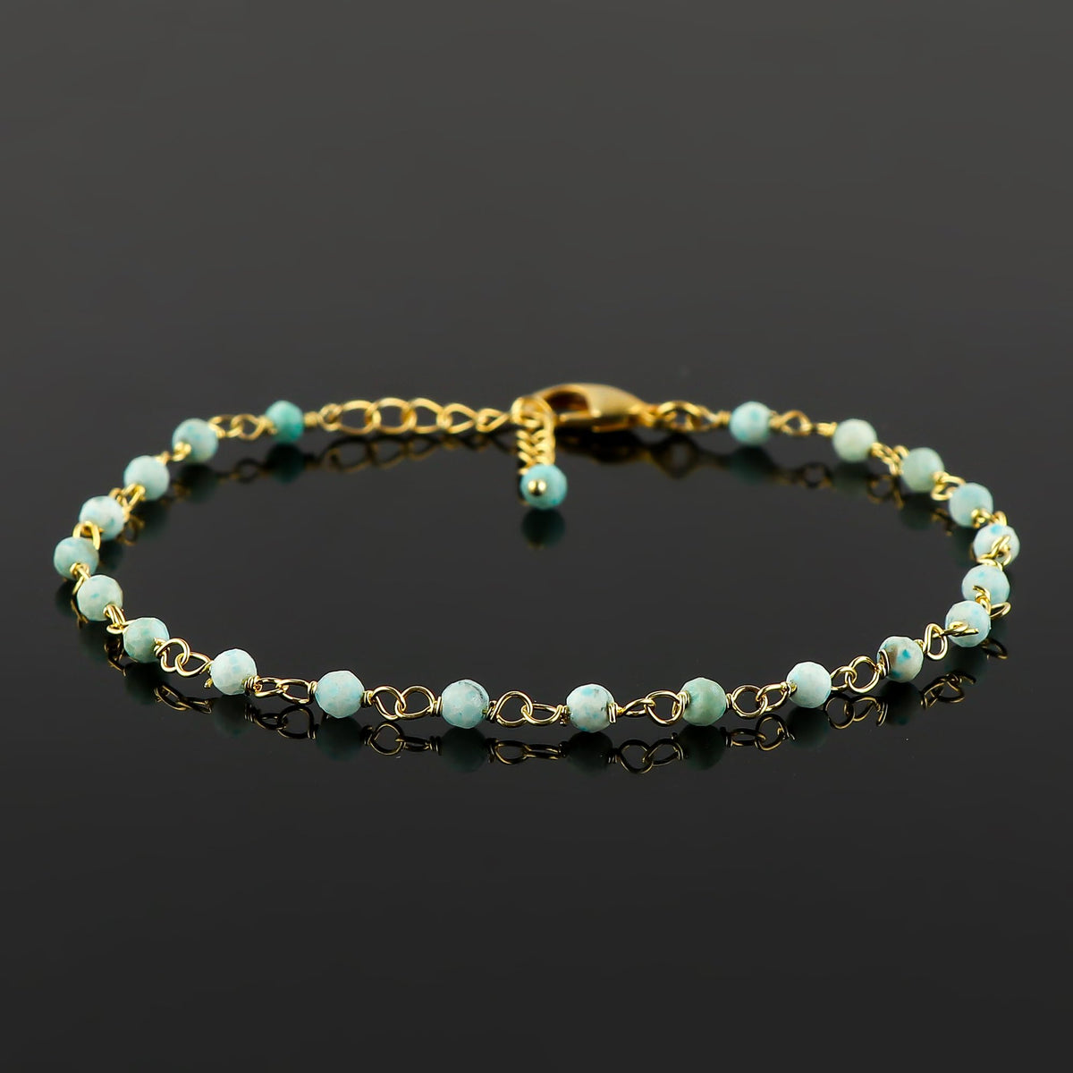 CRYSTALINES Natural Sky-Blue Larimar Gemstones Bracelet Handmade Hypoallergenic Gold Plated Jewelry for Women Healing Crystals Microfaceted Beads Rosary Chain Boho Birthday Bracelet, 7+1inch