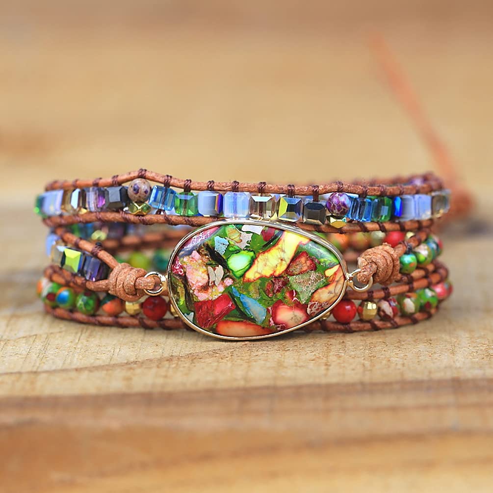 ZOSOJONA Women Wrap Bracelet Boho Natural Jasper Crystal Stone Beads Strand Bracelets (Colored turquoise)