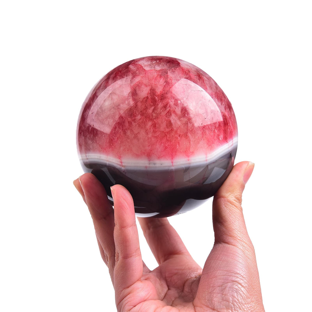 JIC Gem Large Black Red Onyx Agate Crystal Sphere Quartz Crystal Ball with Stand Healing Ornament Witchcraft Meditation Decor(80-90mm)