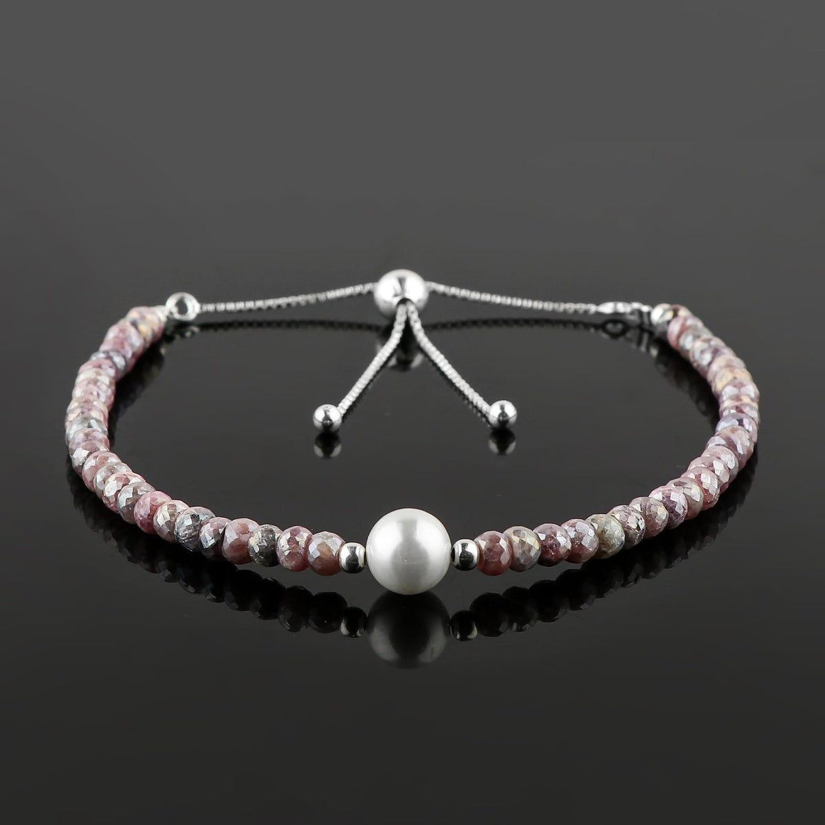 CRYSTALINES Coated Silverite Gemstones Beads Bolo Bracelets with Pearl, Handmade, Birthstone, Beaded Bracelet, Crystals Jewelry, Women Bracelet, Silver Plated Adjustable Chain 10inch