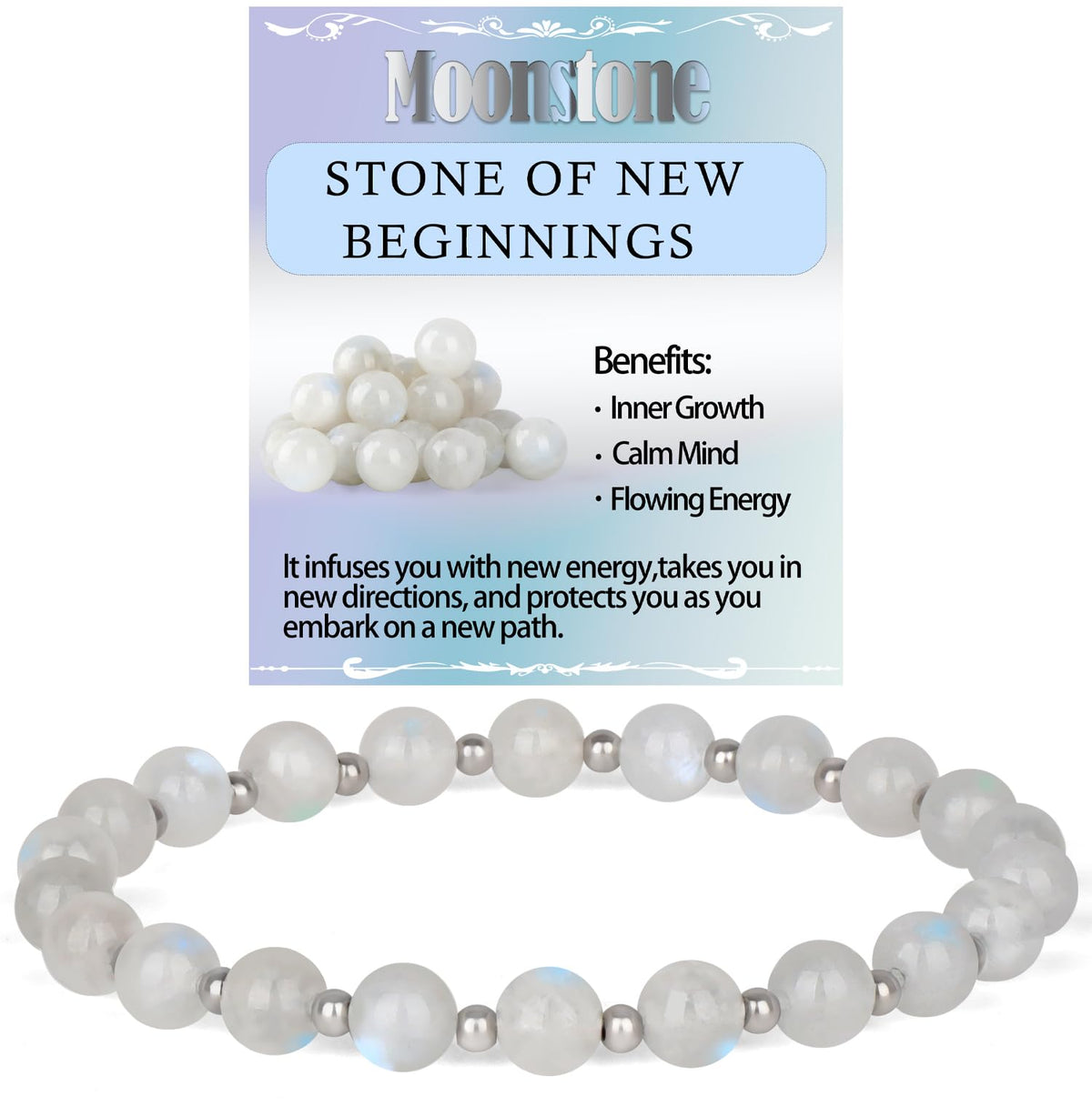 QOGIR Moonstone - New Beginnings - Stainless Silver Beads Natural Gemstone Stretch Elastic Dainty Healing Beaded Bracelets Gifts 6mm
