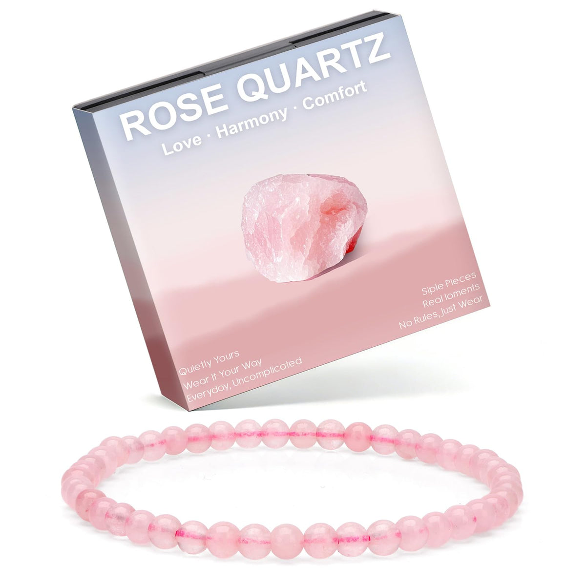 Risyfjew 4MM Handmade Rose Qurtz Natural Gemstone Stretch Elastic Bracelet,PE Film Anti-oxidation Packaging Natural Stone Crystal Healing Power Energy Gifts for Adult