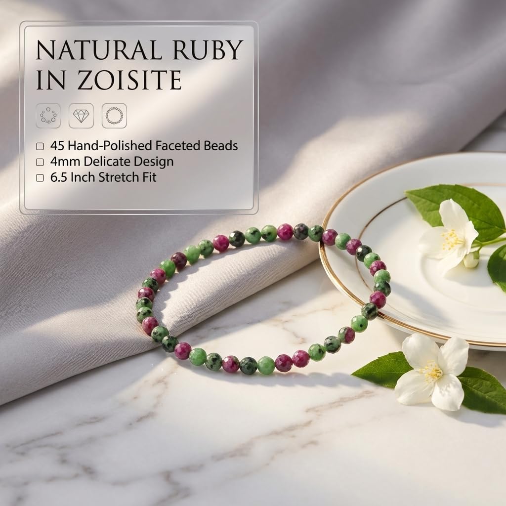 Angelstones Natural Ruby In Zoisite Gemstone Small Beaded Stretch Bracelet, 4mm Faceted Round Beads, Crystal Healing Bracelet for Women