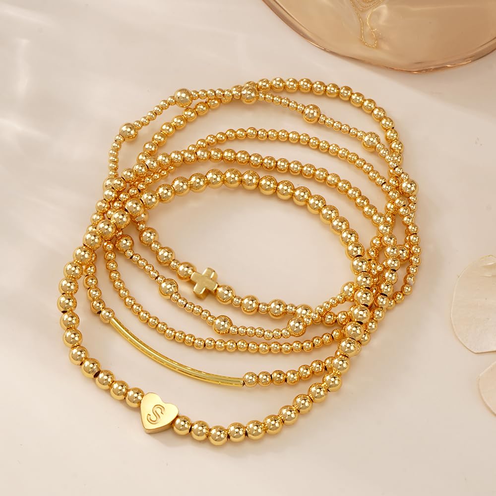 14K Gold Cross Beaded Initial Bracelet Stack for Women,Dainty Stretch Gold Plated Letter “S” Stackable Bracelets Bohemian Layered Prom Party Accessories Jewelry Gift Friendship