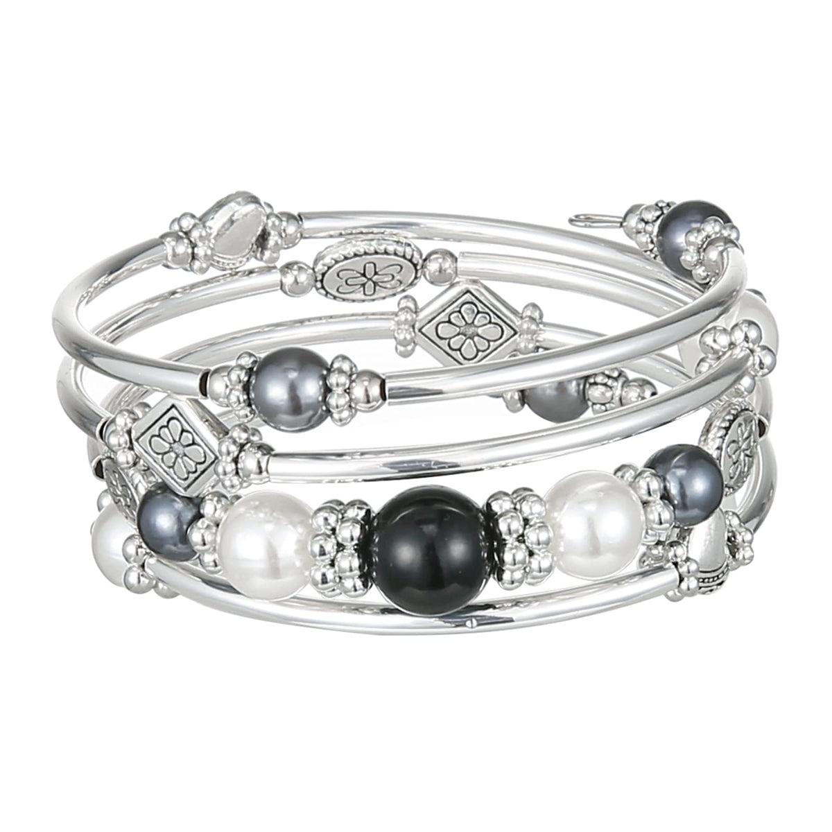 FULU AUTUMN Beaded Pearl Bangle Bracelets for Women Silver Wrap Bangles Bracelet Womens Costume Jewelry Fashion Gift(18-Black)