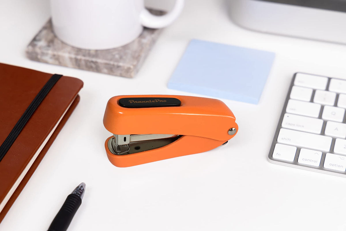 Praxxis Pro Office Supplies - Aria-Plus Half-Strip Mini Stapler - Durable, Compact, and Colorful Stapler for Office and Travel Use, Compatible with Standard 26/6 Staples, Orange