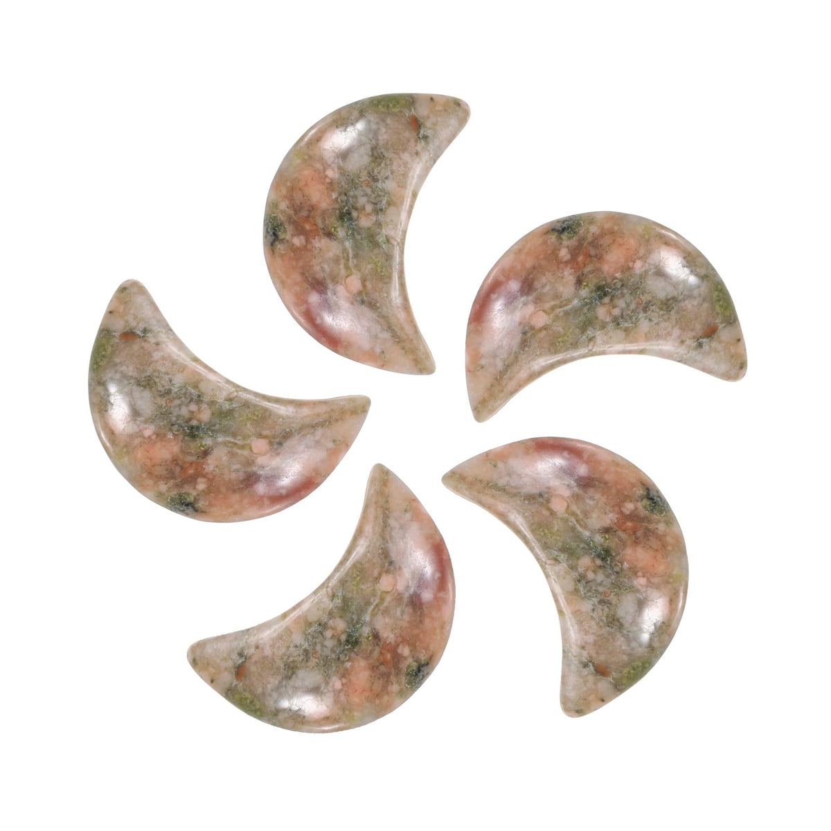 MECCANIXITY 5 Pcs Moon Crystal Worry Stone, 0.5 Inch Length Natural Unakite Moon Gemstone Bulk, Carved Pocket Stones for Meditation Balancing Pendant Decor