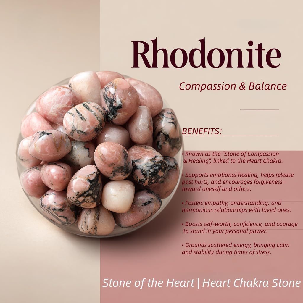 Loveliome 4 Pcs Natural Rhodonite Love Heart Palm Stone Reiki Balancing Worry Stone(1 Inch)
