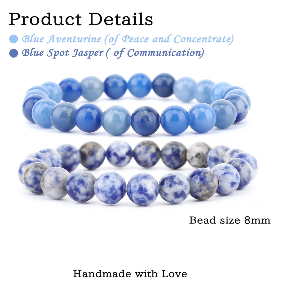 NCB 2-Piece 8mm Natural Crystal Gemstone Stretch Bracelets – ﻿Blue Aventurine, Blue Spot Handmade Reiki Energy Healing Jewelry for Meditation,Yoga, Unisex