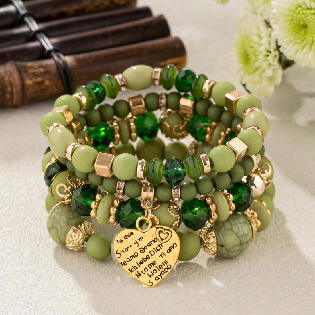 Jewellify Stackable Beaded Bracelets for Women Retro Tassel Multi-Layer Mixed Color Beaded Bracelet Bangles Set Gemstone Woven Female Jewelry Bracelet (Green)