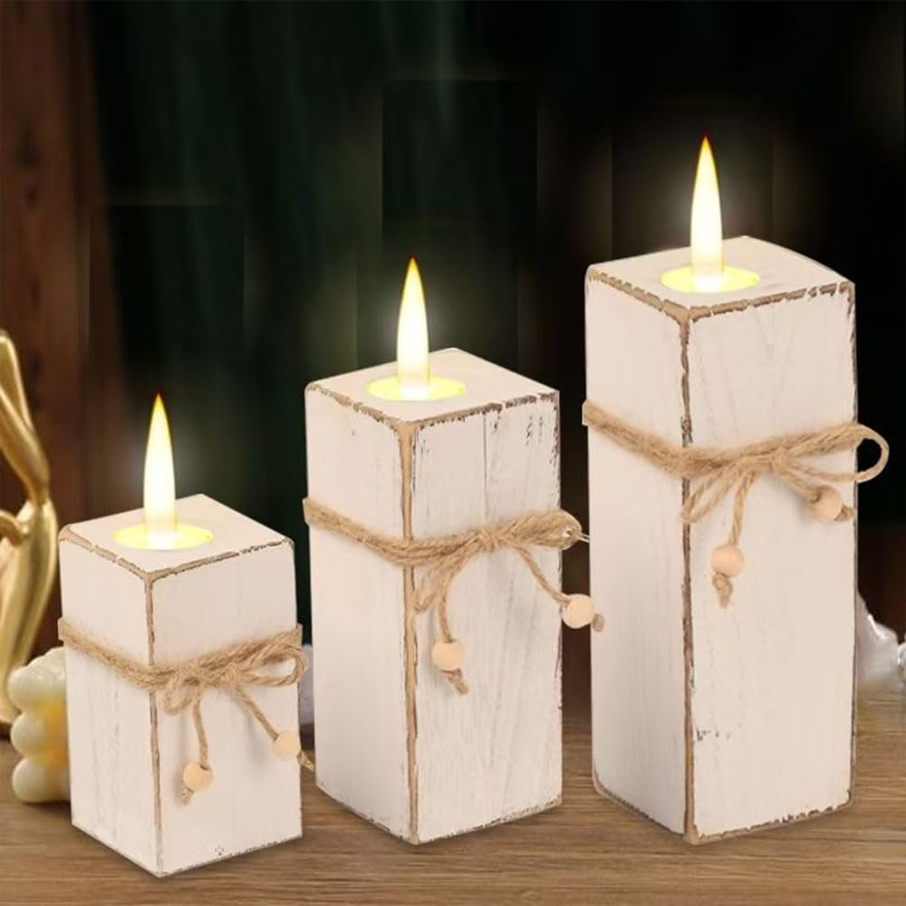 3 Piece Rustic Whitewashed Wooden Candle Holder Set Farmhouse Decor for Table Centerpiece Wedding Home Accent