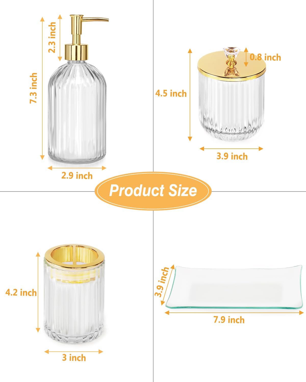 Gold Bathroom Accessories Set, 4Pcs Clear Glass Bathroom Accessory Sets Complete of Soap Dispenser, Toothbrush Holder, Apothecary Jar(Qtip Holder), Vanity Tray, Modern Home Decor Housewarming Gifts