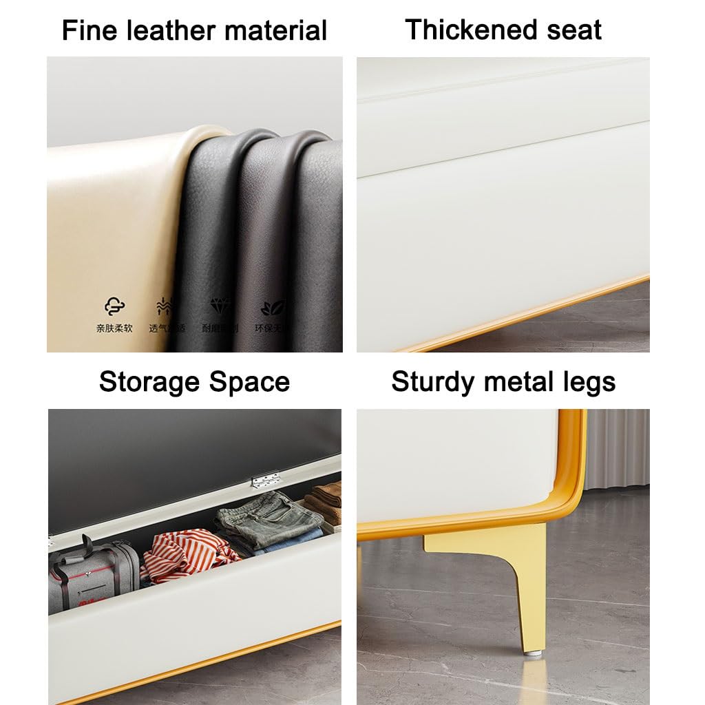 LMMIAMZ Luxury Leather Ottoman Bench Stylish Storage Footrest with Gold Legs Versatile Shoe Cabinet & Hidden Compartment Chic Yellow & Grey Design 100cm