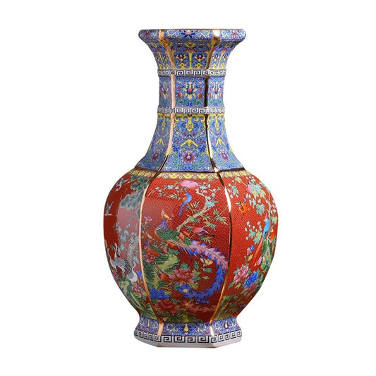 Ceramic Vase,Modern VaseAntique Chinese Vase Ceramic Colorful Hexagonal Vase Hand-Craft Porcelain Jingdezhen Home Decorative Vase Porch Ornaments(Red)