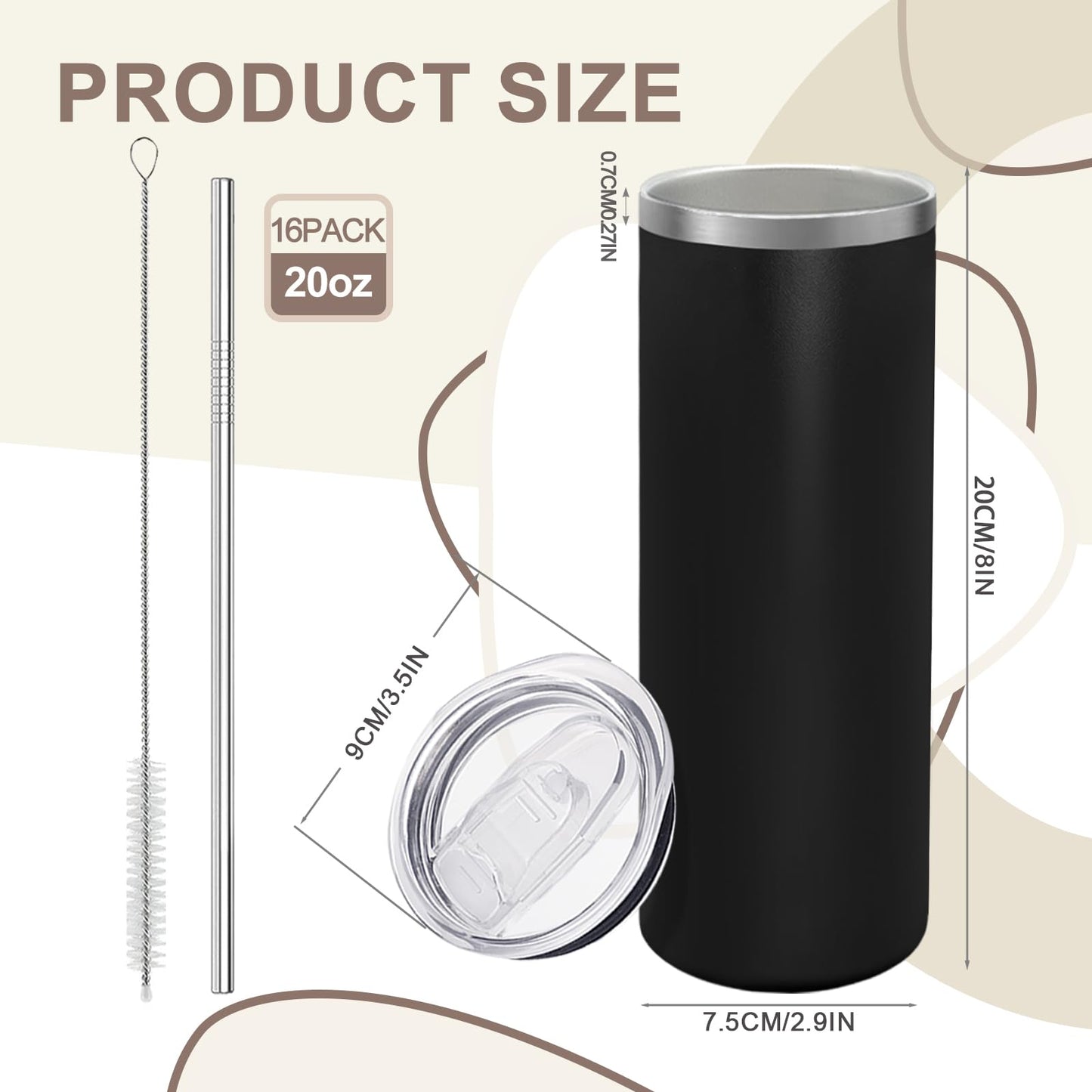 YOUKE OLA 16 Pack Stainless Steel Skinny Tumblers Bulk Straight Double Wall Powder Coated Insulated Tumbler with Lid and Straw for Laser Engrave, DIY Gift, 20oz Black