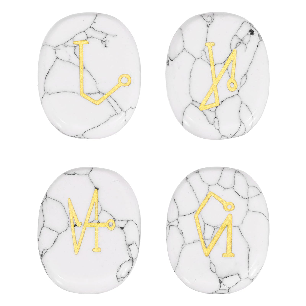 MECCANIXITY 4Pcs Engraved Chakra Stones with Reiki Symbols, White Howlite Reiki Healing Crystal Gemstone 7 Chakra Crystal Stones Tumbled Palm Stone for Anxiety Relieve