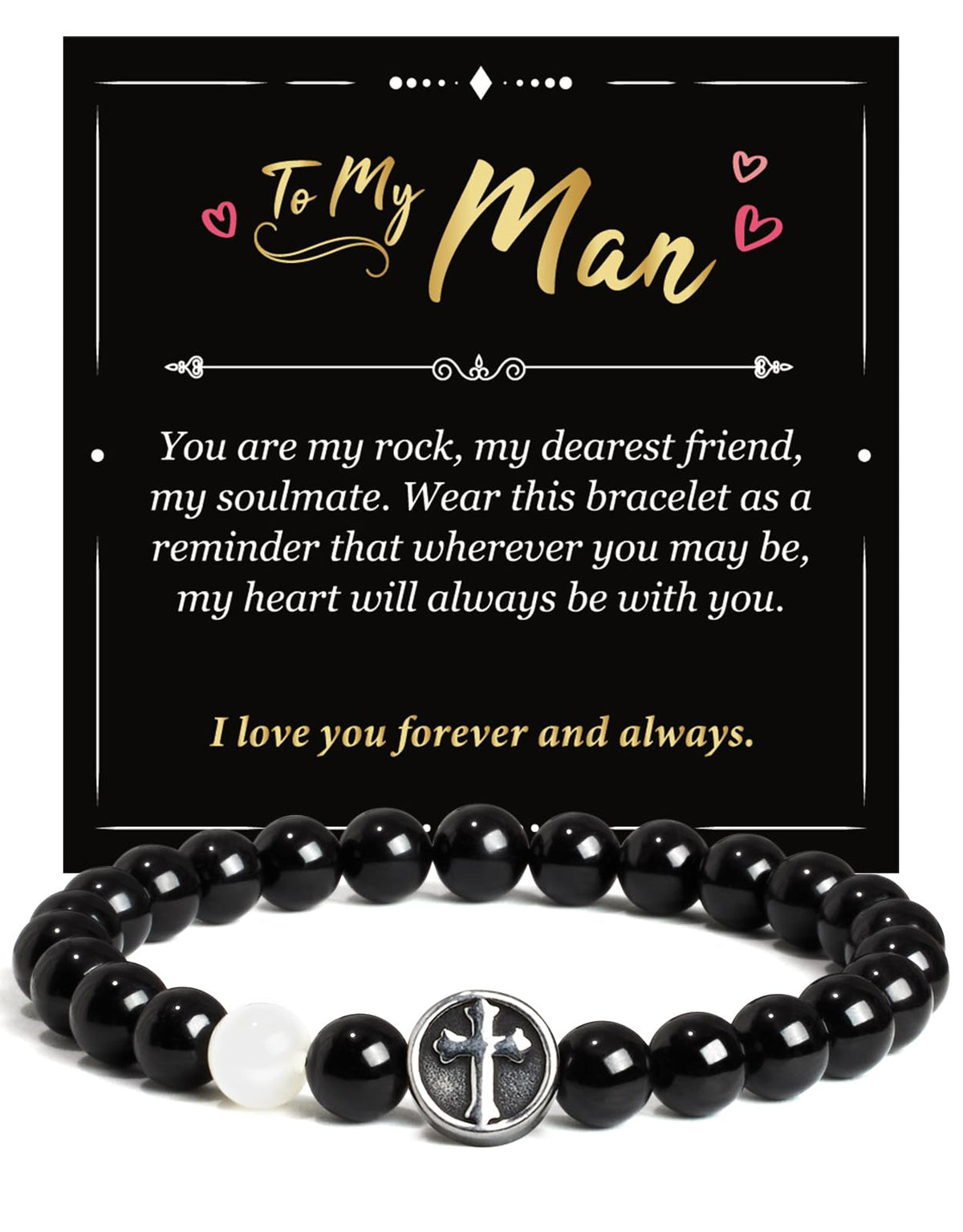 Landorilo Gifts for Men, 8mm Cross Natural Stone Beaded Bracelets, Black Tourmaline Healing Bracelet, Handmade Mens Jewelry Gift for Him, Husband, Son, Father, Friend(To My Son-8.3in)