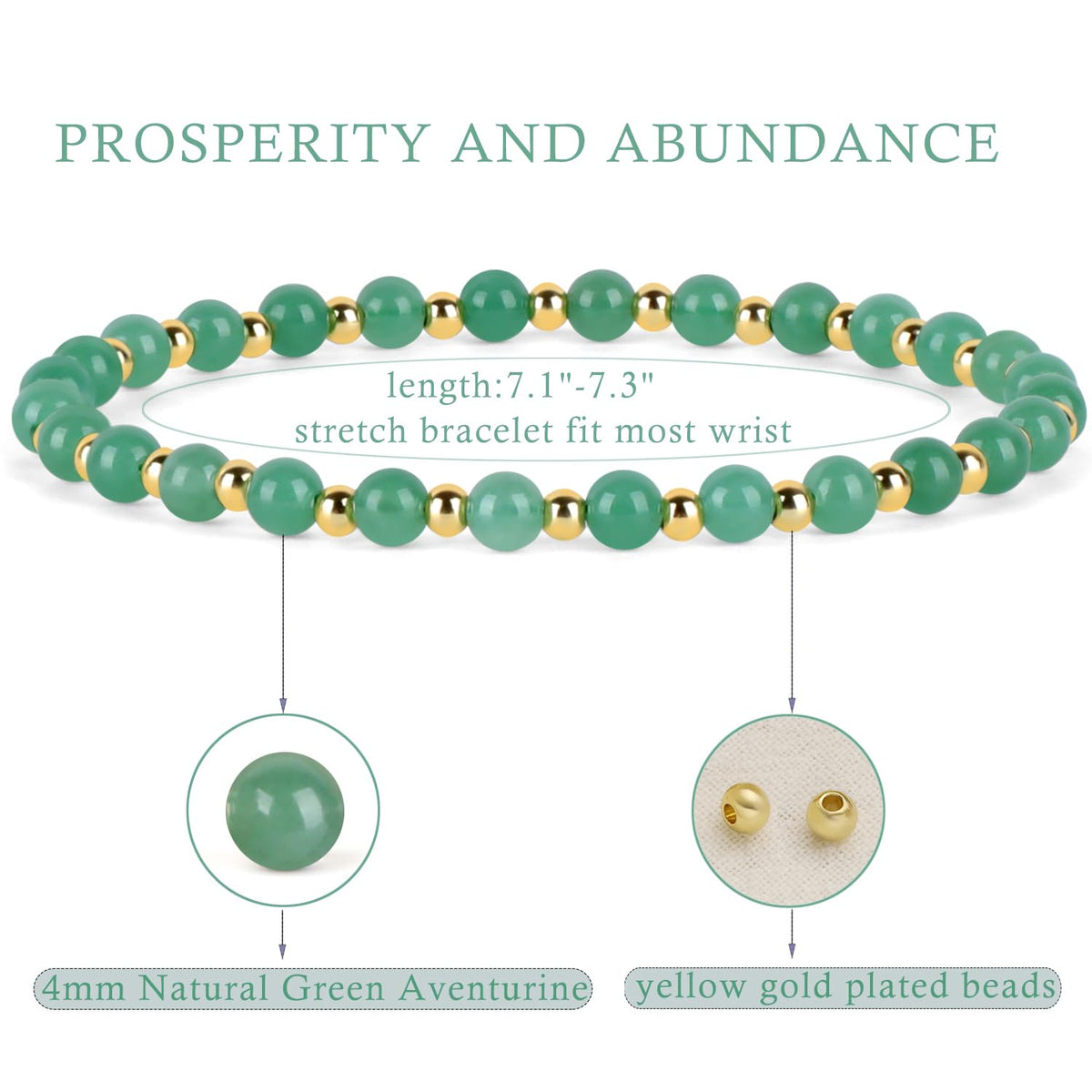 QOGIR Green Aventurine - Prosperity - 14K Gold Plated Beads Natural Gemstone Stretch Elastic Dainty Healing Beaded Bracelets Gifts 4mm