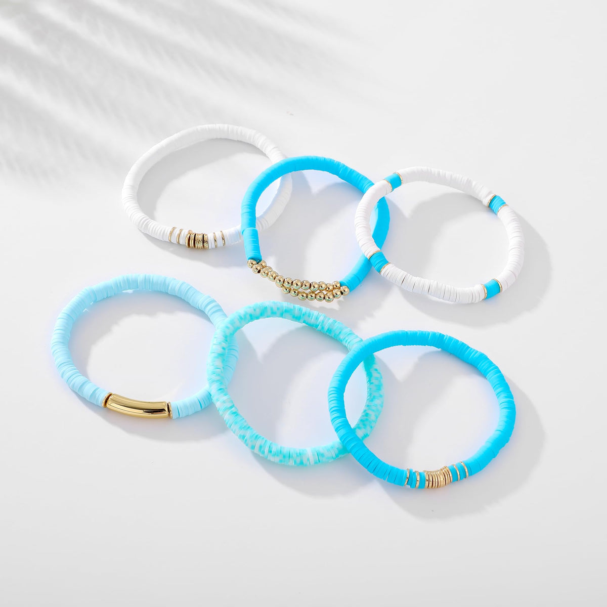 GOOJIDS Surfer Heishi Clay Bead Bracelets for Women Bohemian Stackable Gold Plated Beaded Stretch Bracelets Elastic Layering Friendship Bracelets Set Boho Jewelry