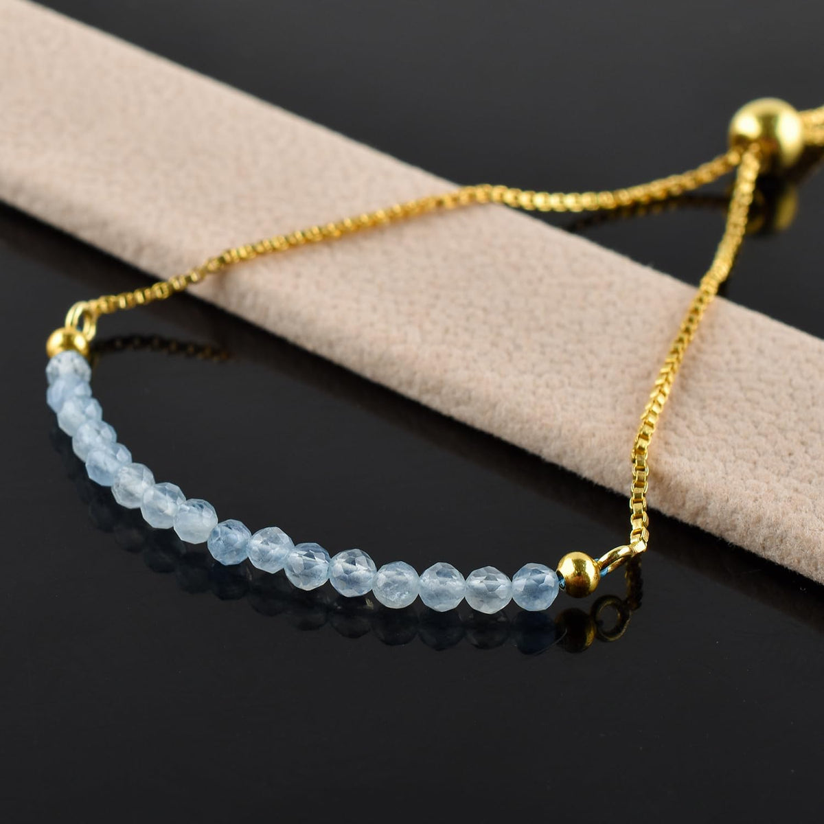 InfinityGemsArt Aquamarine Bracelets For Women March Birthstone Jewelry Micro Blue Beads Beaded Stone Bolo Slider Crystals Gemstones Bracelet, 14K Gold Plated Adjustable Chain, Mother's Day Jewelry For Mom