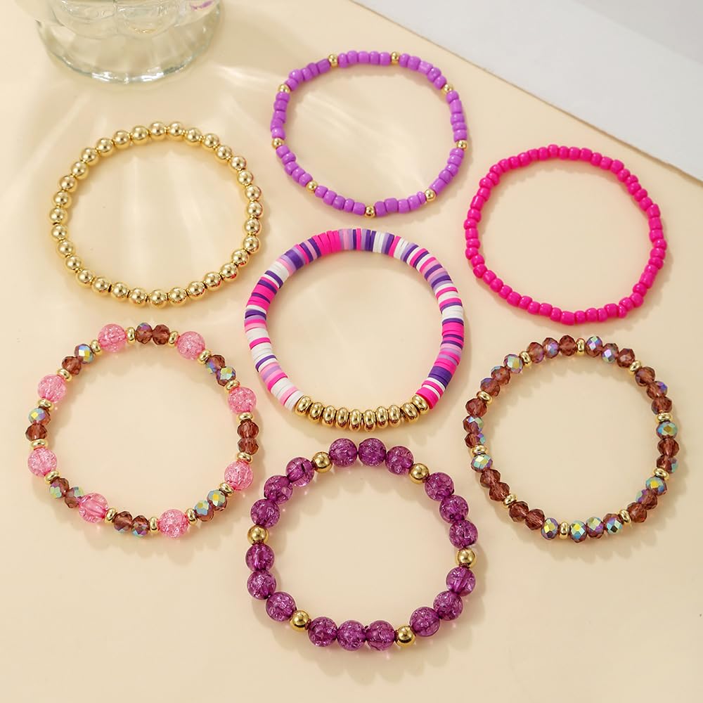 YEOSMINE Boho Heishi Clay Beaded Stretch Bracelets Stack For Women, Preppy Teens Friendship Gold Bracelets Cute Beach Surfer Accessories Bulk Set Trendy Fashion Jewelry