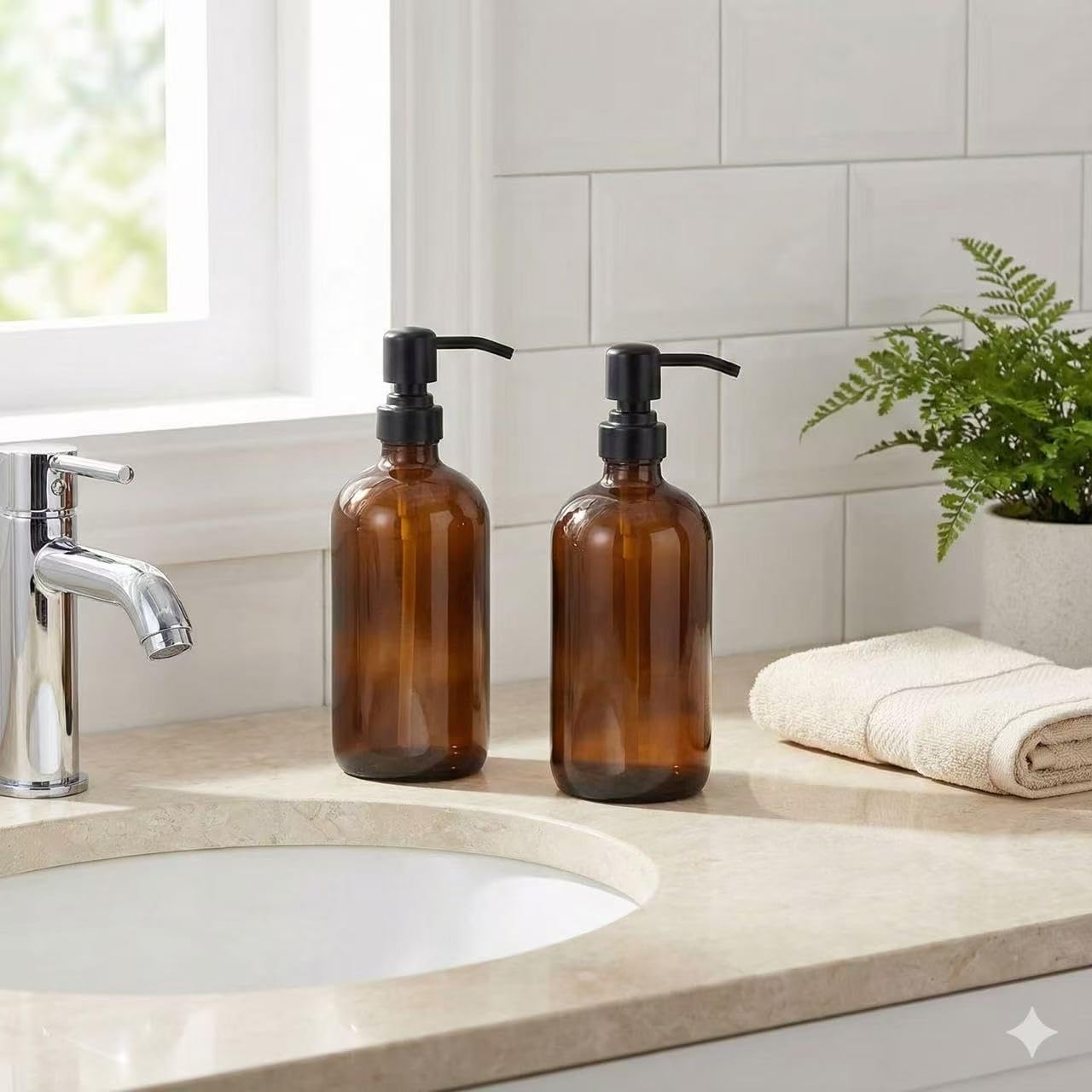 2 Pack Thick Amber Glass Pint Jar Soap Dispenser with Matte Black Stainless Steel Pump, 16ounce Boston Round Bottles Dispenser with Rustproof Pump for Essential Oil, Lotion Soap