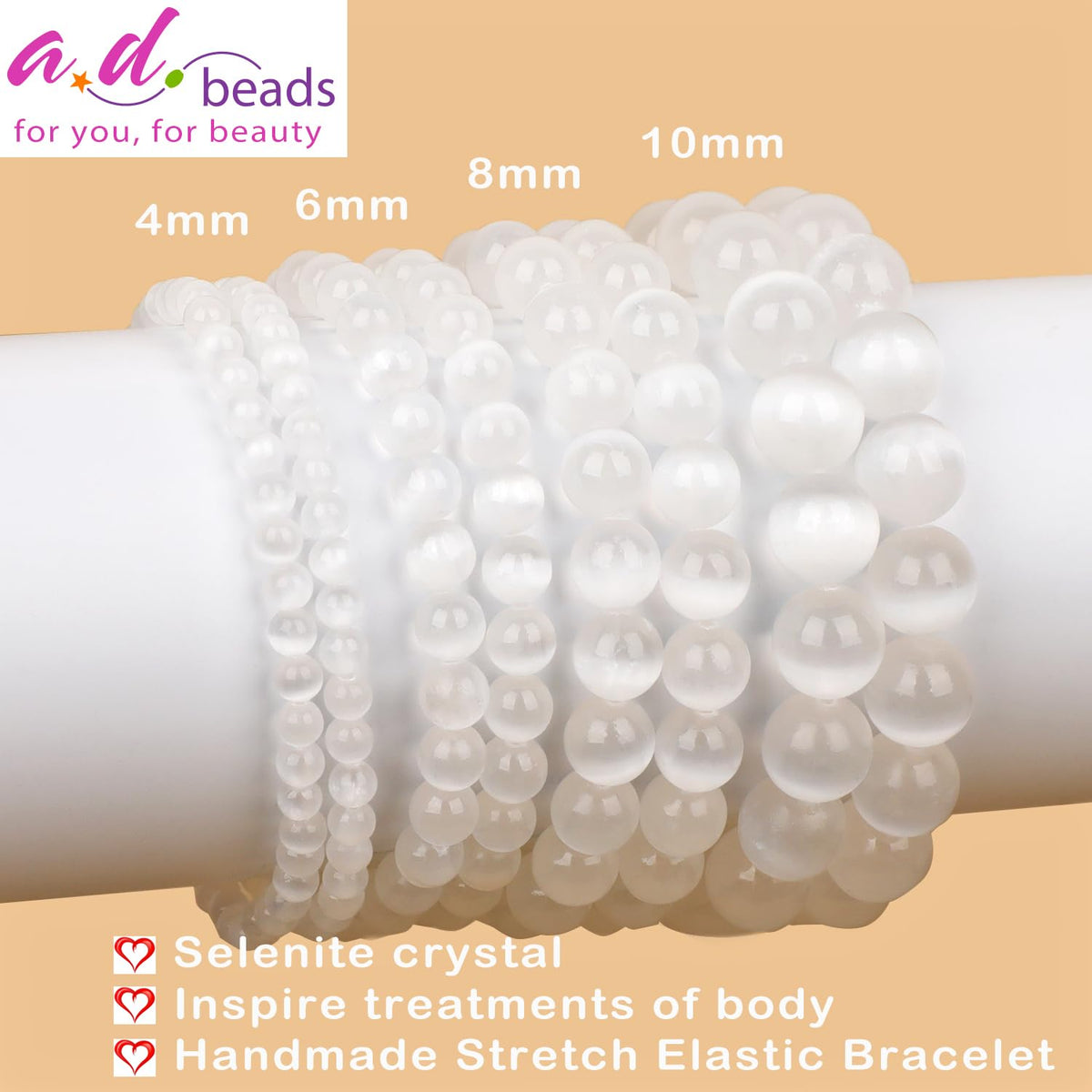 AD Beads Handmade Gemstone Stretch Elastic Bracelet Crystal Healing Reiki Nature's Beauty and Spiritual Essence Unisex (6mm, Selenite Crystal (Inspire Treatments))