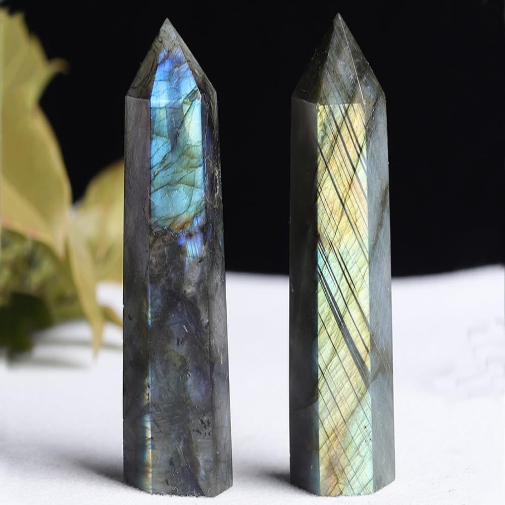 Natural Labradorite Crystal Point - 5.8-6.2 inch Labradorite Wand with Iridescent Rainbow Flash Stone for Energy Protection, Spiritual Awakening & Decoration - (Labradorite /5.8-6.2 inch 2pcs)