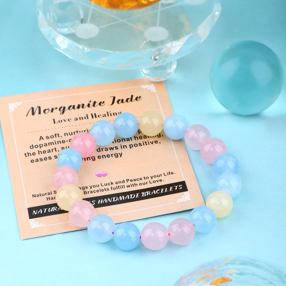AD Beads 6mm Handmade Morganite Jade Elastic Bracelet – Natural Gemstone for Joy & Positivity – Meditation, Yoga, Healing and Energy Gift for Men Women