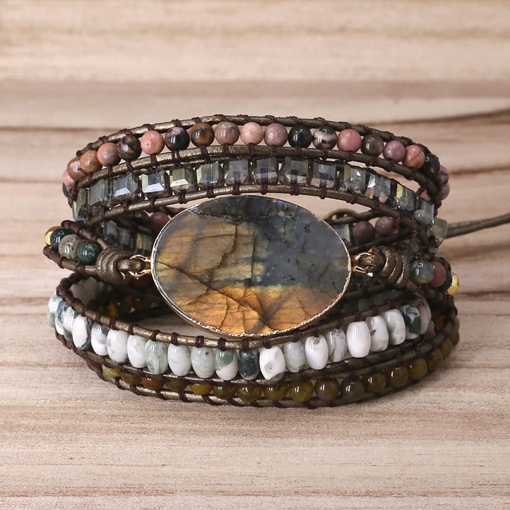 ZOSOJONA Women Wrap Bracelet Boho Natural Jasper Crystal Stone Beads Strand Bracelets (Labradorite)