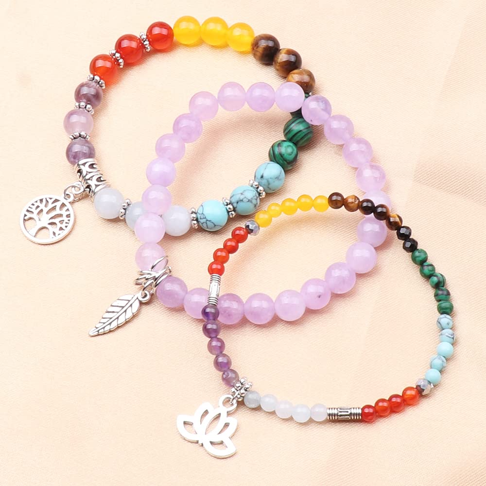 UEUC Natural Gemstone Chakra Bracelets for Women, Multilayer Tree of Life Lotus Crystal Healing Stone Bracelet Sets, Yoga Meditation Reiki Relax Bracelets for Stress Relief(#124)