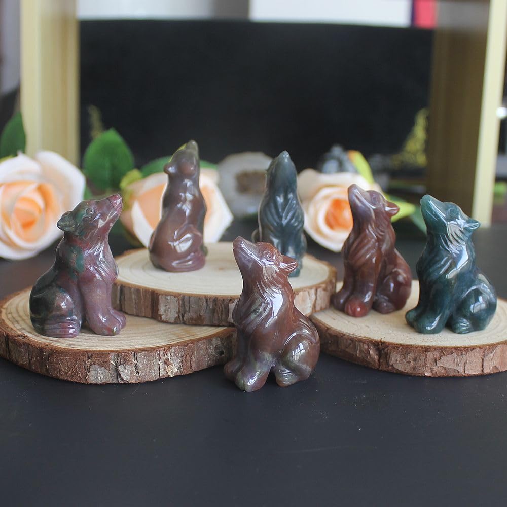 HLbshi Hand Carved Gemstone Crystal Wolf Figurine Animal Statue Carving Office Home Decor Collections 2'' (Multi Ocean Agate)