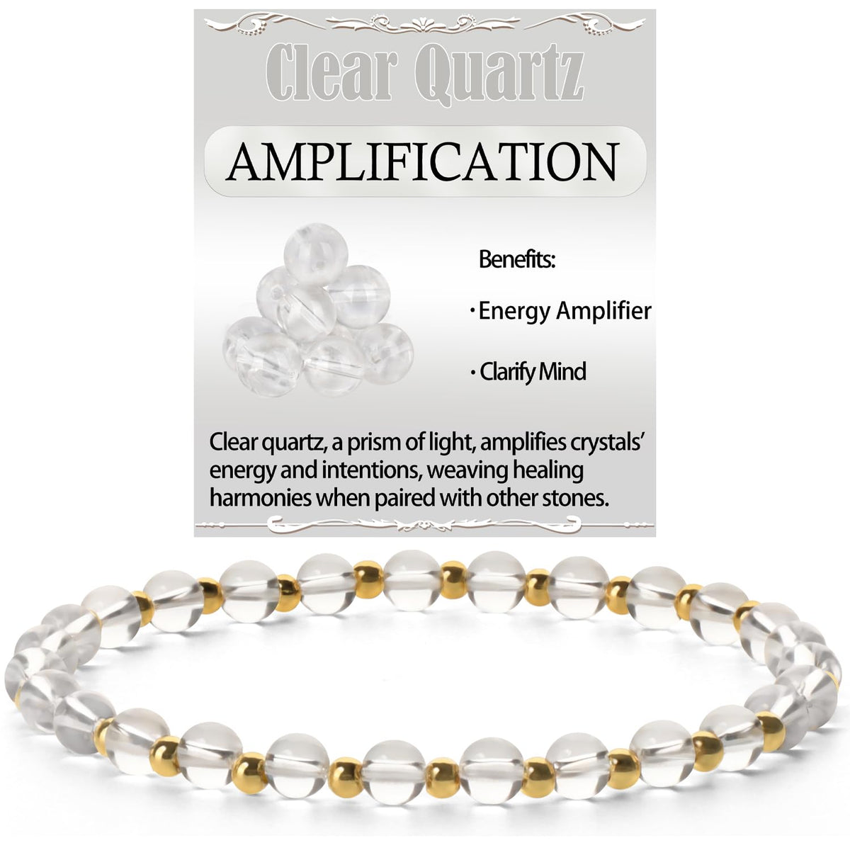 QOGIR Clear Quartz - Amplification - 14K Gold Plated Beads Natural Gemstone Stretch Elastic Dainty Healing Beaded Bracelets Gifts 4mm