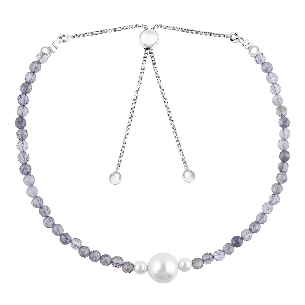 CRYSTALINES Natural Blue Iolite Gemstone Bolo Bracelet, Cultured Pearl Beads Stones, Handmade Hypoallergenic Boho Jewelry for Women, Healing Crystals, Adjustable Silver Plated 6+4inch, Birthday Gift